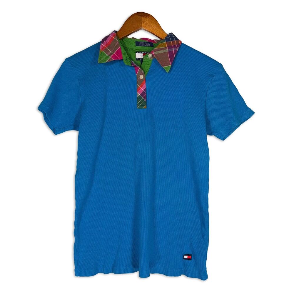 Y2K Tommy Hilfiger Ribbed Blue Polo Shirt Plaid Collar Size Large Preppy 00s